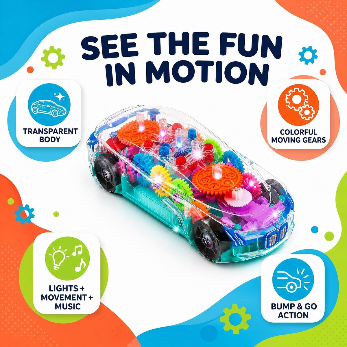 Light-Up Transparent Sensory Car Toy, Bump-And-Go, Ages 3+