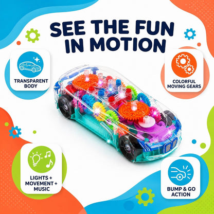 Light-Up Transparent Sensory Car Toy, Bump-And-Go, Ages 3+