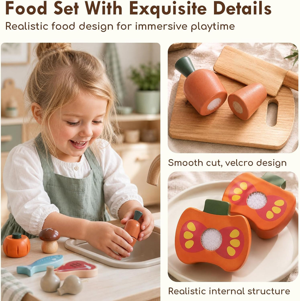 Wooden Play Food Sets for Kids Kitchen, Pretend Play Toys