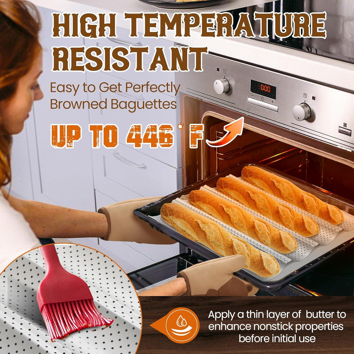 Baguette Bread Pan, Premium Nonstick Perforated Baguette Pan for French Bread Baking, 4 Loaves Baguette Baking Tray for Sourdough, Italian Bread, Perfect for Creating Crisp Golden-Brown Crust