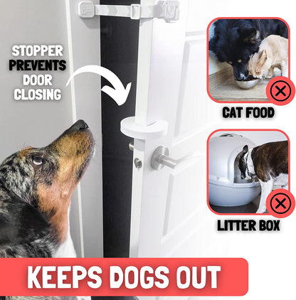 Cat Door Latch & Stopper. Adjustable Dog Proof Door Strap for Cats. Dog Proof Litter Box & Cat Feeder. Simpler Pet Gate Alternative. No Cut Cat Door Interior Door.