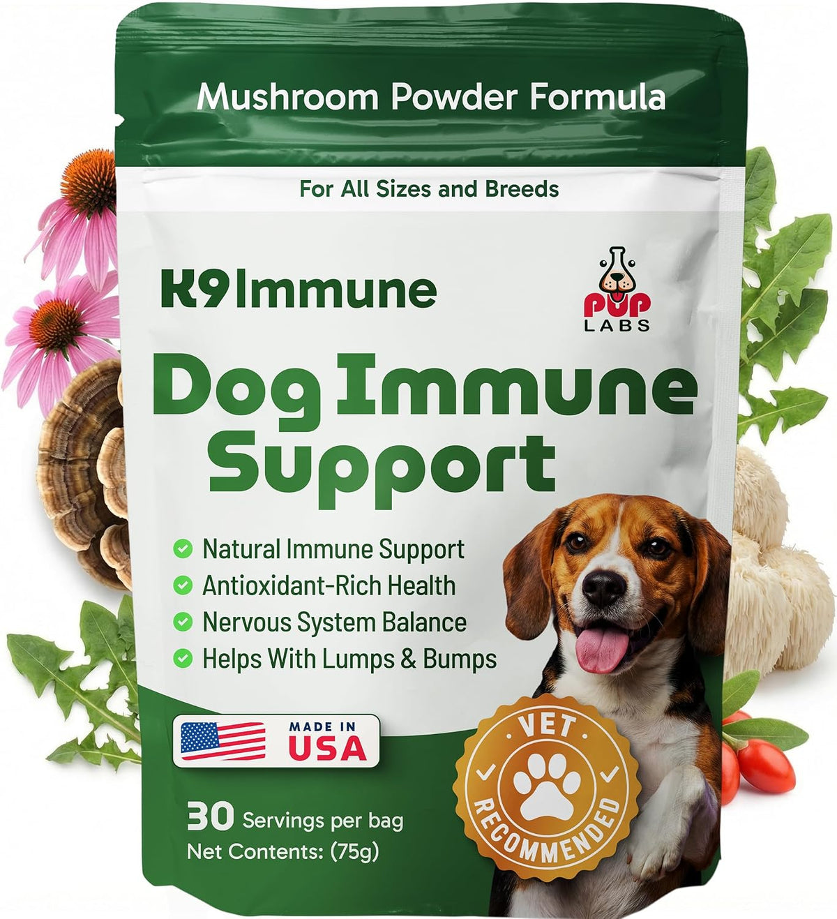 K9 Immune, All-Natural Mushroom Powder for Dogs for Immunity, Digestion, Joints, & Energy, Antioxidant-Rich & Usa-Made, Dog Immune Support with Turkey Tail Mushroom for Dogs, 30 Servings