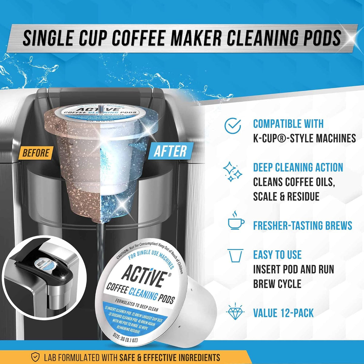 K-Cup Compatible Keurig Cleaning Pods - Quick-Rinse Cleaners for Single Serve Coffee Machine, 12 Month Coffee Maker Cleaner Kit, Brewer Clean Cups for Keurig 1.0, 2.0, Mini Machines - 12 Pack