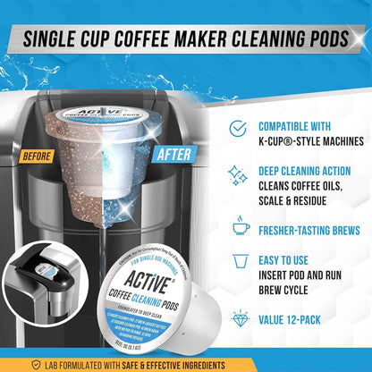 K-Cup Compatible Keurig Cleaning Pods - Quick-Rinse Cleaners for Single Serve Coffee Machine, 12 Month Coffee Maker Cleaner Kit, Brewer Clean Cups for Keurig 1.0, 2.0, Mini Machines - 12 Pack