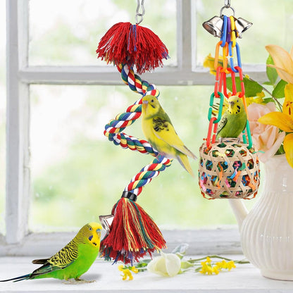 Bird Toys Rope Perch with Bell Colorful Bird Chewing Shredding Foraging Toys Parrot Swing Climbing Standing Hanging Toys Cage Accessories for Conure Cockatiel Budgies Lovebird