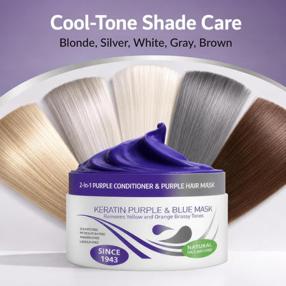 Keratin Purple Hair Mask - Blue Hair Mask Deep Conditioner Treatment - Blonde Toner to Neutralize Brassiness in Brassy Blonde, Silver, White, Gray & Brown Locks