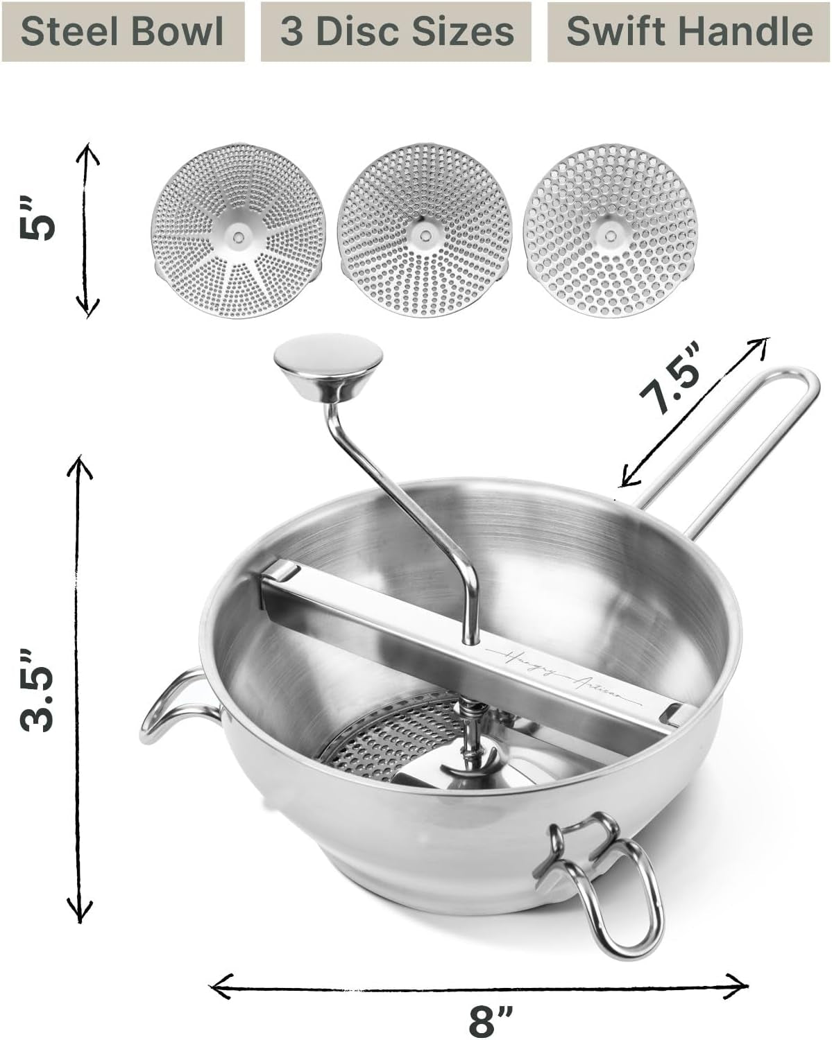 Hungry Artisan 3-Disc Food Mill for Applesauce, Tomato Sauce & Canning