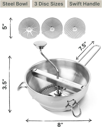 Hungry Artisan 3-Disc Food Mill for Applesauce, Tomato Sauce & Canning