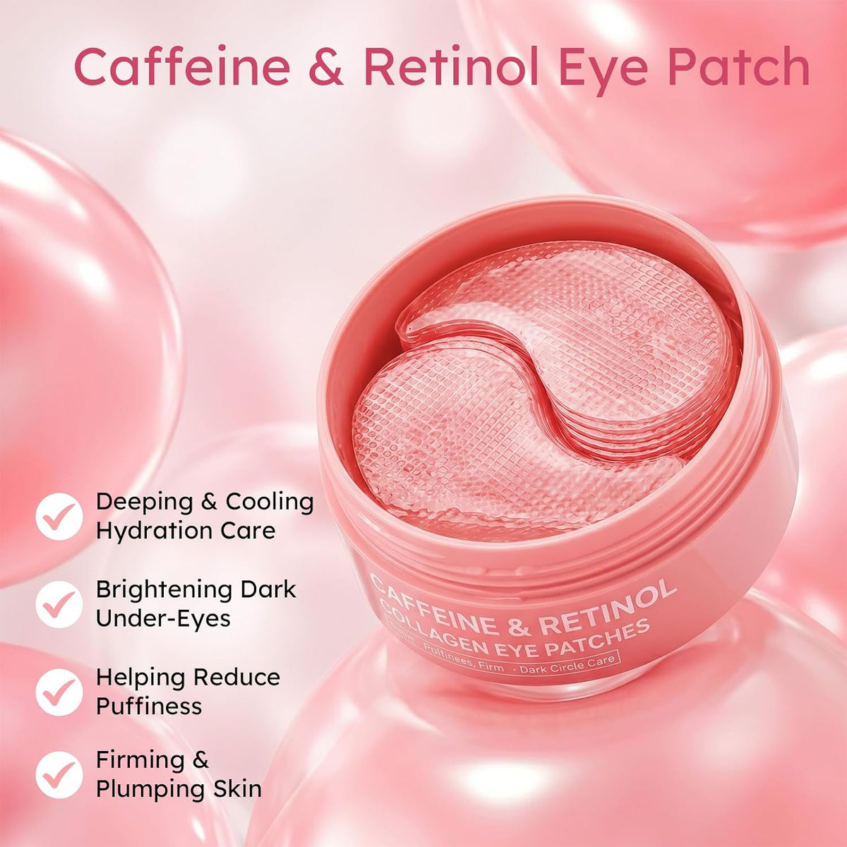 Retinol Caffeine Eye Patches, with Hydrolyzed Collagen, Peptides, 60 Pcs