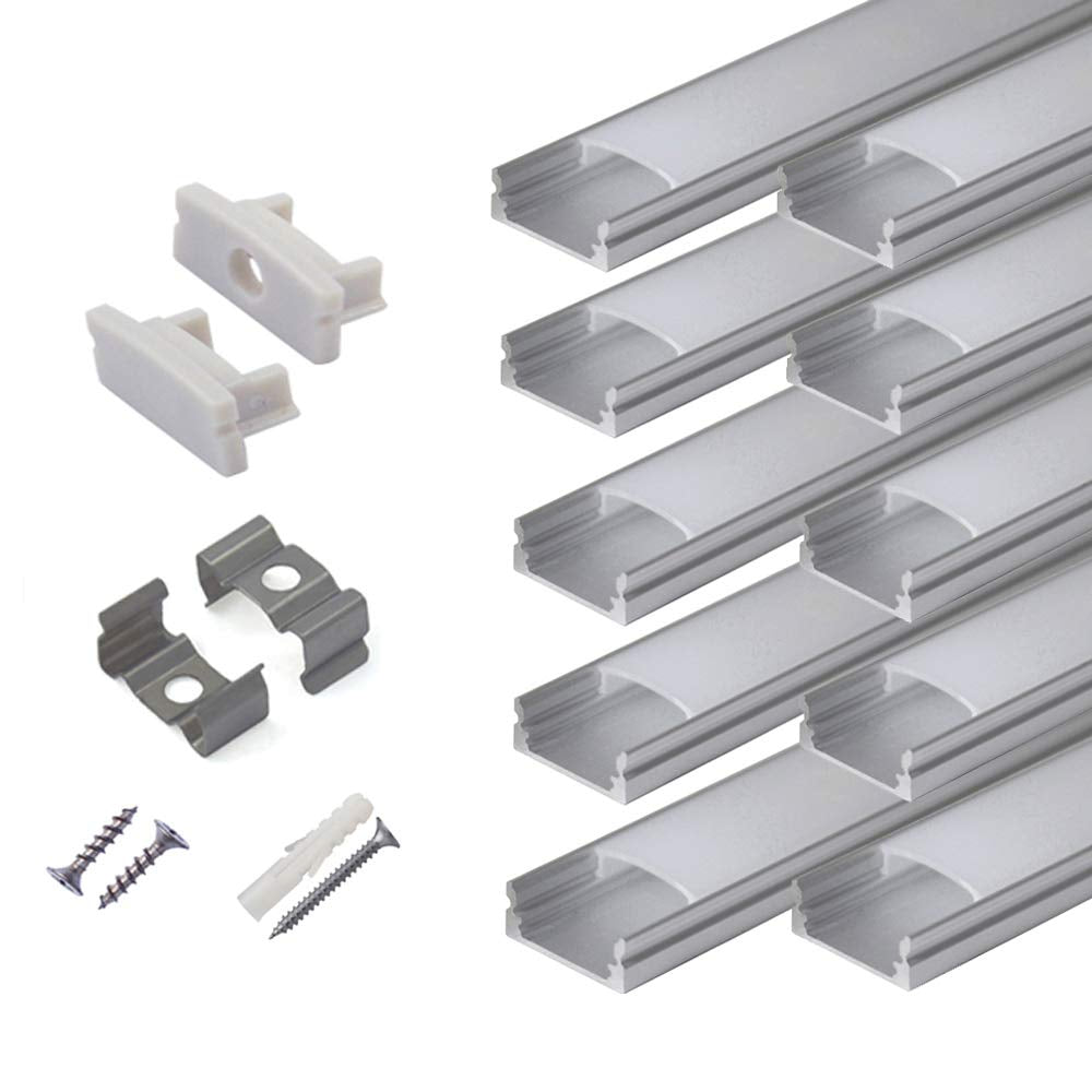 10-Pack 6.6Ft/ 2Meter U Shape LED Aluminum Channel System with Milky Cover, End Caps and Mounting Clips, Aluminum Profile for LED Strip Light Installations, Very Easy Installation