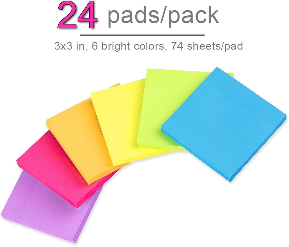 (24 Pack) Sticky Notes 3X3 in Post Bright Stickies Colorful Memo Pads