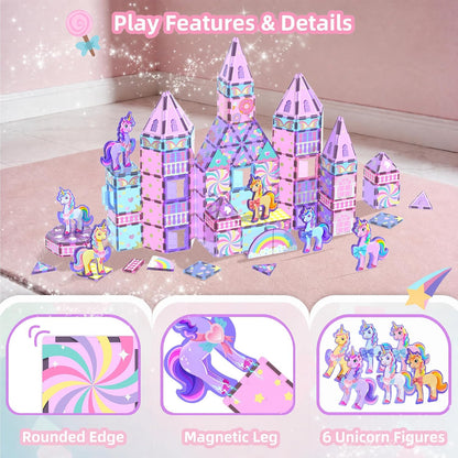 100PCS Magnetic Tiles Unicorn Toys Building Set with 6 Unicorns