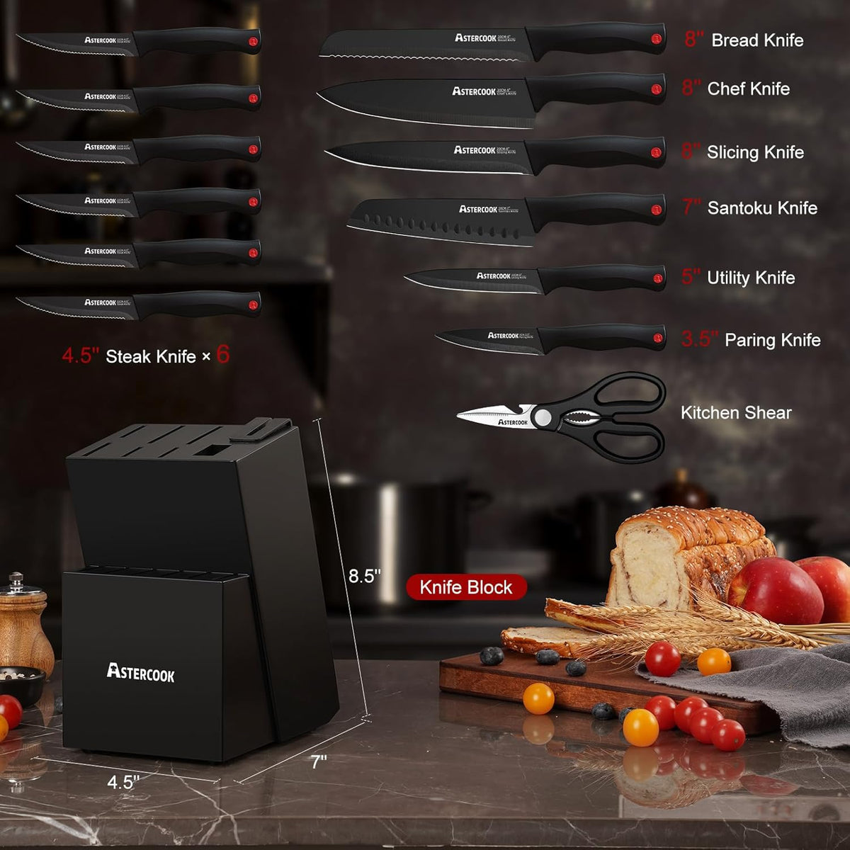Knife Set for Kitchen with Block and Sharpener 15Pcs German