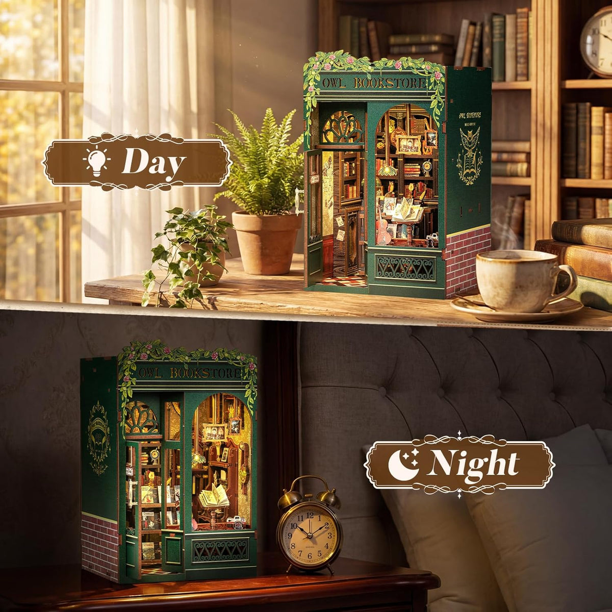 Book Nook Kit - DIY Miniature House Kit for Adults, Teens and Beginners, Dollhouse Booknook Library Tiny House Bookshelf Decor 3D Wooden Puzzle, Gifts for Family, Friends (Owl Bookstore)