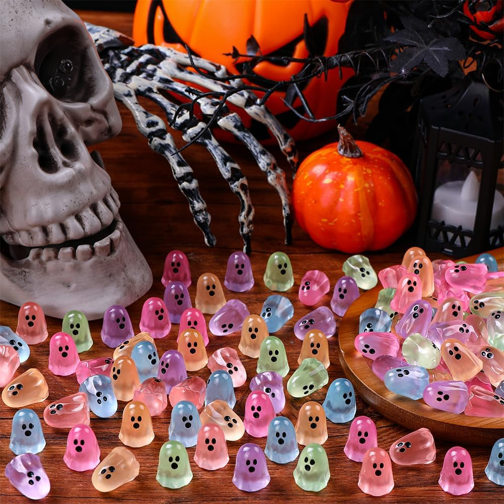 100Pcs Halloween Mini Ghosts Figures, Luminous Small Little Resin Ghost Figurines to Hide Glow in the Dark Tiny Statue for Halloween Party Favors Dollhouse Decorations Toys