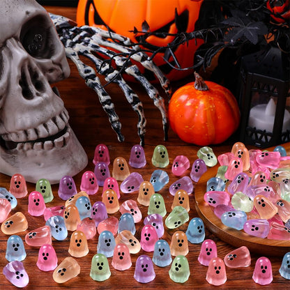 100Pcs Halloween Mini Ghosts Figures, Luminous Small Little Resin Ghost Figurines to Hide Glow in the Dark Tiny Statue for Halloween Party Favors Dollhouse Decorations Toys