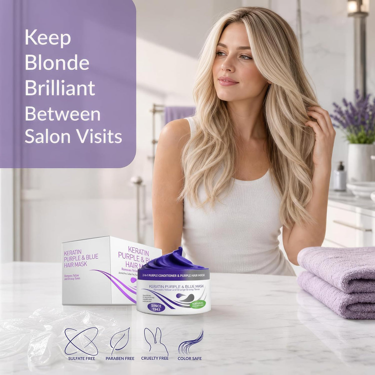 Keratin Purple Hair Mask - Blue Hair Mask Deep Conditioner Treatment - Blonde Toner to Neutralize Brassiness in Brassy Blonde, Silver, White, Gray & Brown Locks