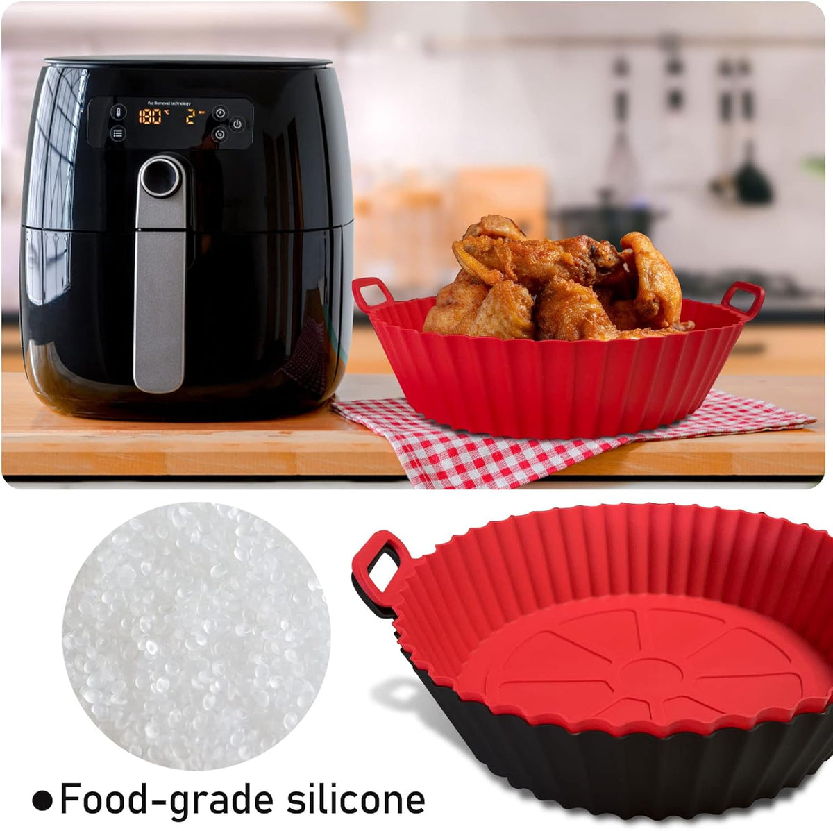 Air Fryer Silicone Liners Pot,8 Inch Air Fryer Basket Liners, Silicone Baking Tray Pots for 3 to 5 Qt for Air Fryer Oven Reusable Baking Tray Oven Accessories (Red+Black)