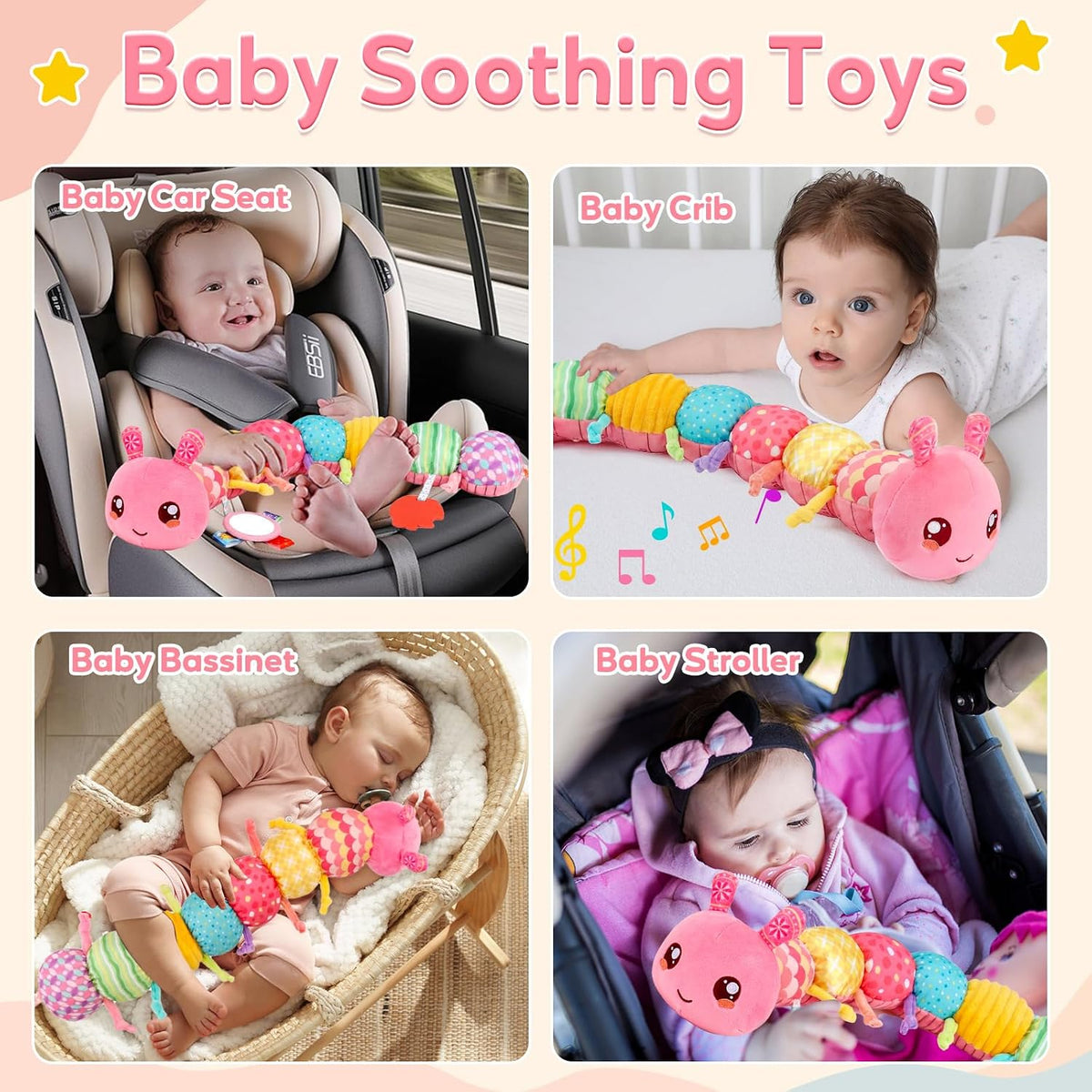Baby Sensory Toys 0-6 Months Musical Stuffed Caterpillar Tummy Time Toys