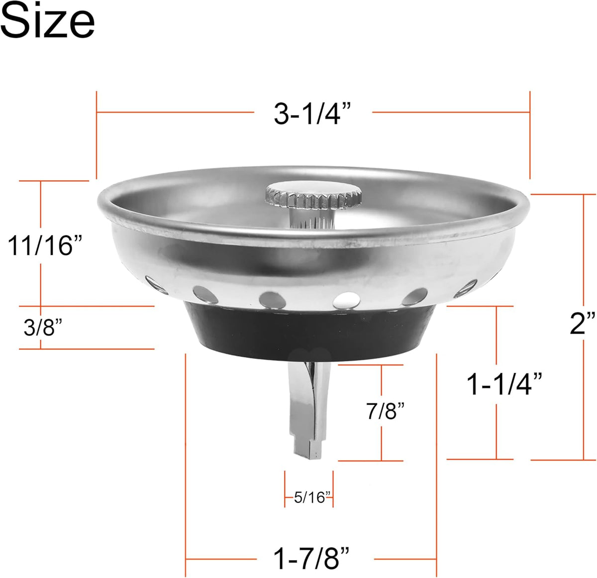 2 Pack - Kitchen Sink Strainer and Stopper Combo Basket Replacement for Standard 3-1/2 Inch Drain, Stainless Steel Basket with Plastic Knob, Rubber Stopper Bottom -