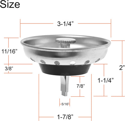 2 Pack - Kitchen Sink Strainer and Stopper Combo Basket Replacement for Standard 3-1/2 Inch Drain, Stainless Steel Basket with Plastic Knob, Rubber Stopper Bottom -