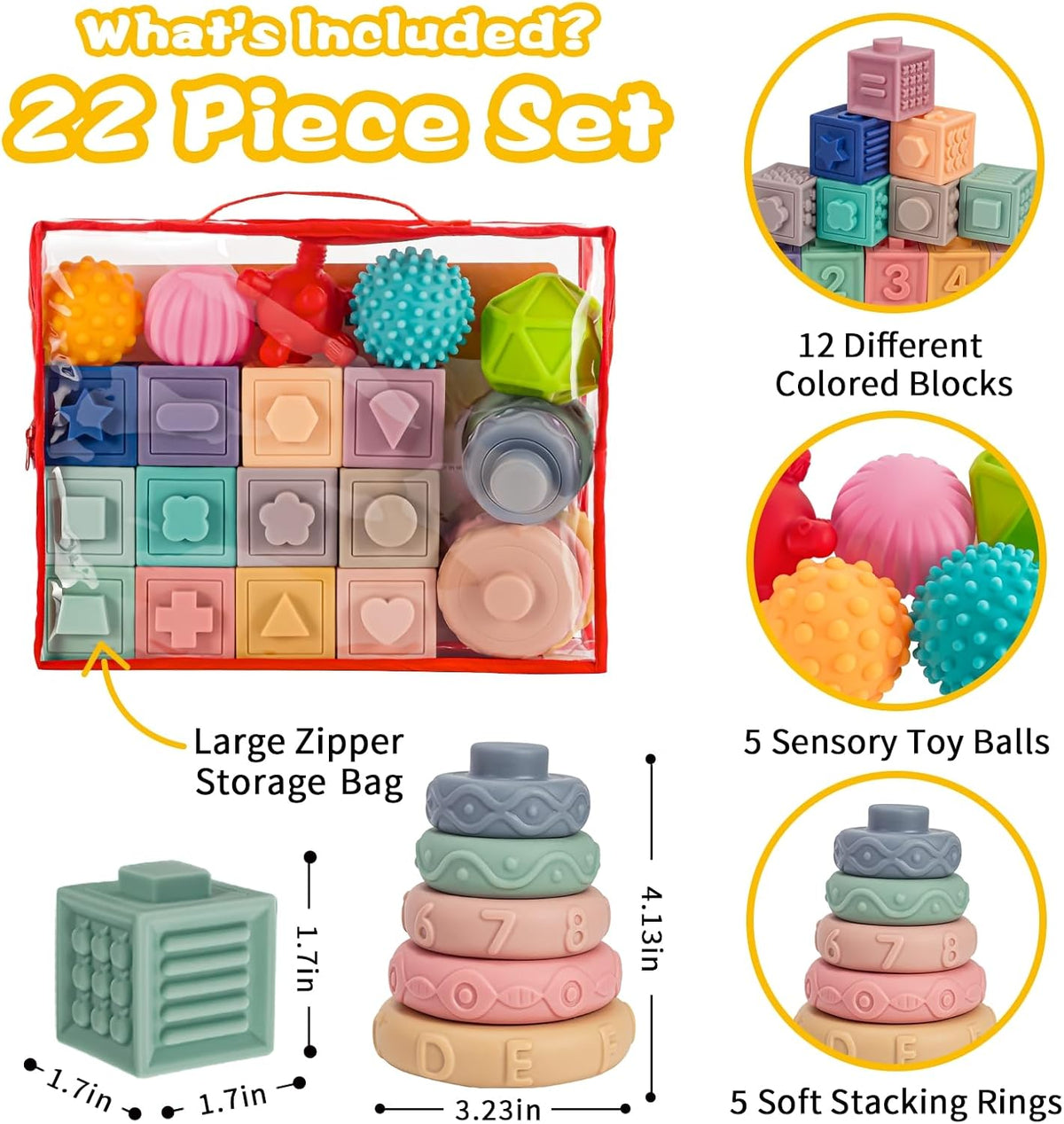 3 in 1 Baby Toys,Montessori Baby Blocks for 0-3-6-12 Months Babies