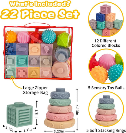 3 in 1 Baby Toys,Montessori Baby Blocks for 0-3-6-12 Months Babies