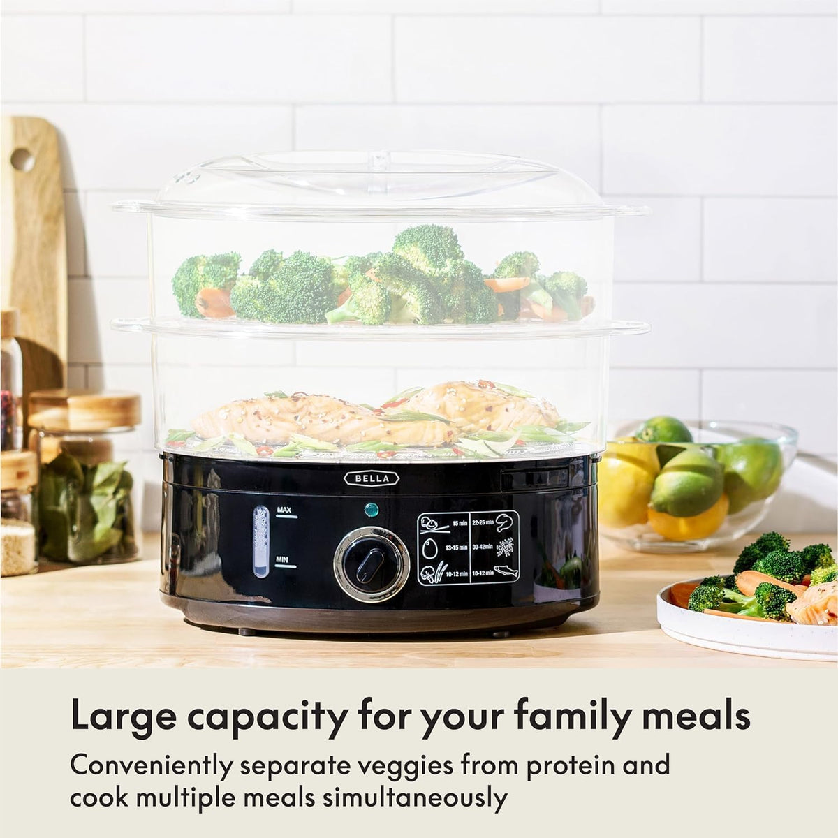 Two Tier Food Steamer with Stackable Baskets, Black