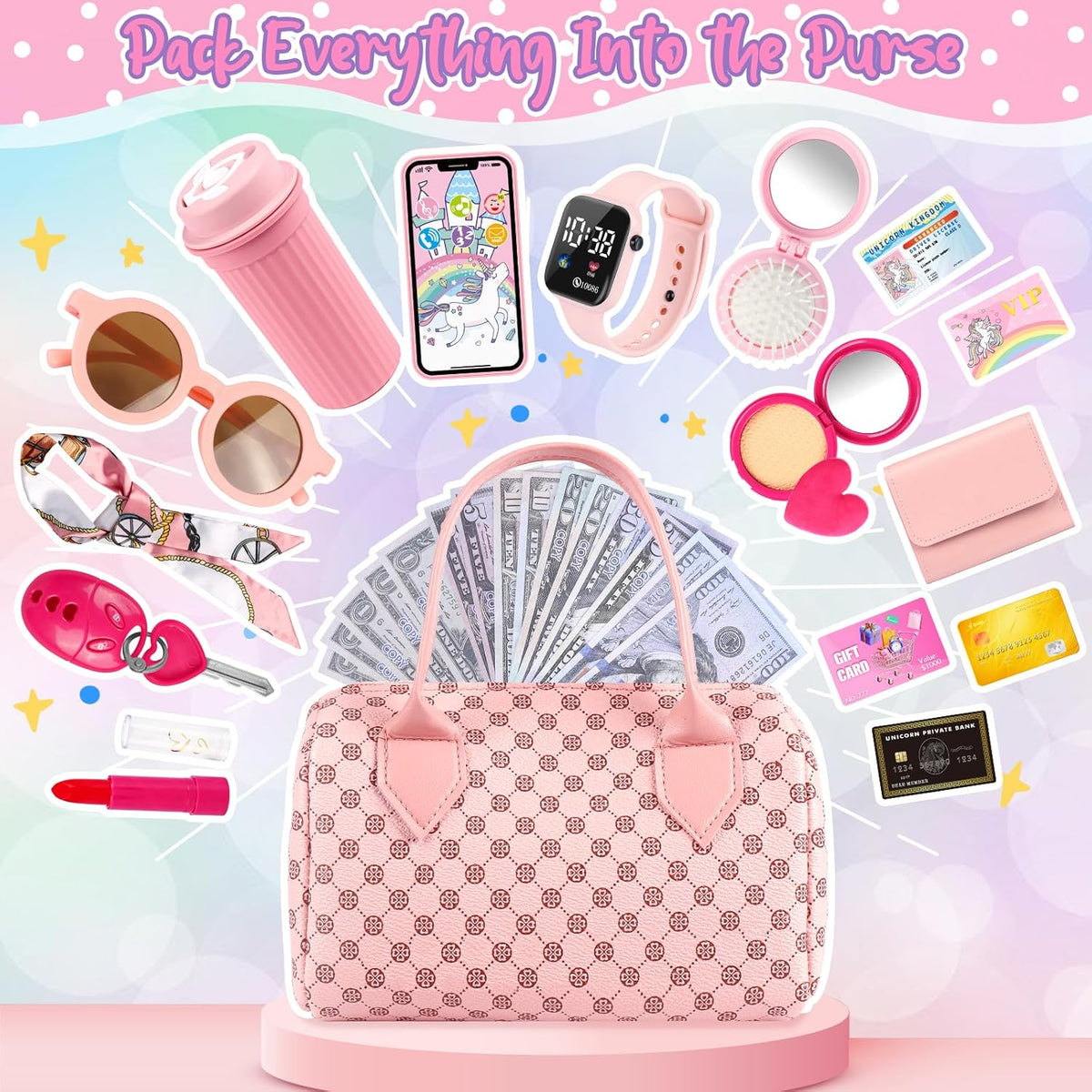Play Purse with Watch, Phone, Pretend Play Toys for Girls Ages 3-8