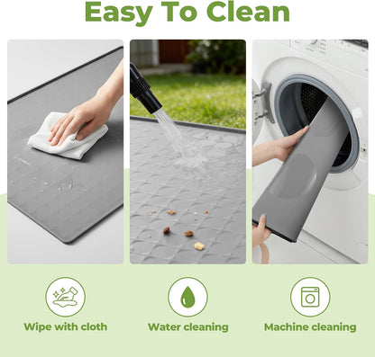 Extra Large 34X22 Inch Machine Washable Silicone Pet Food Mat - Waterproof Dog & Cat Bowl Mat with Raised Edge, Non-Slip Floor Protector for Large Dogs, Multi-Pet Homes (Grey)