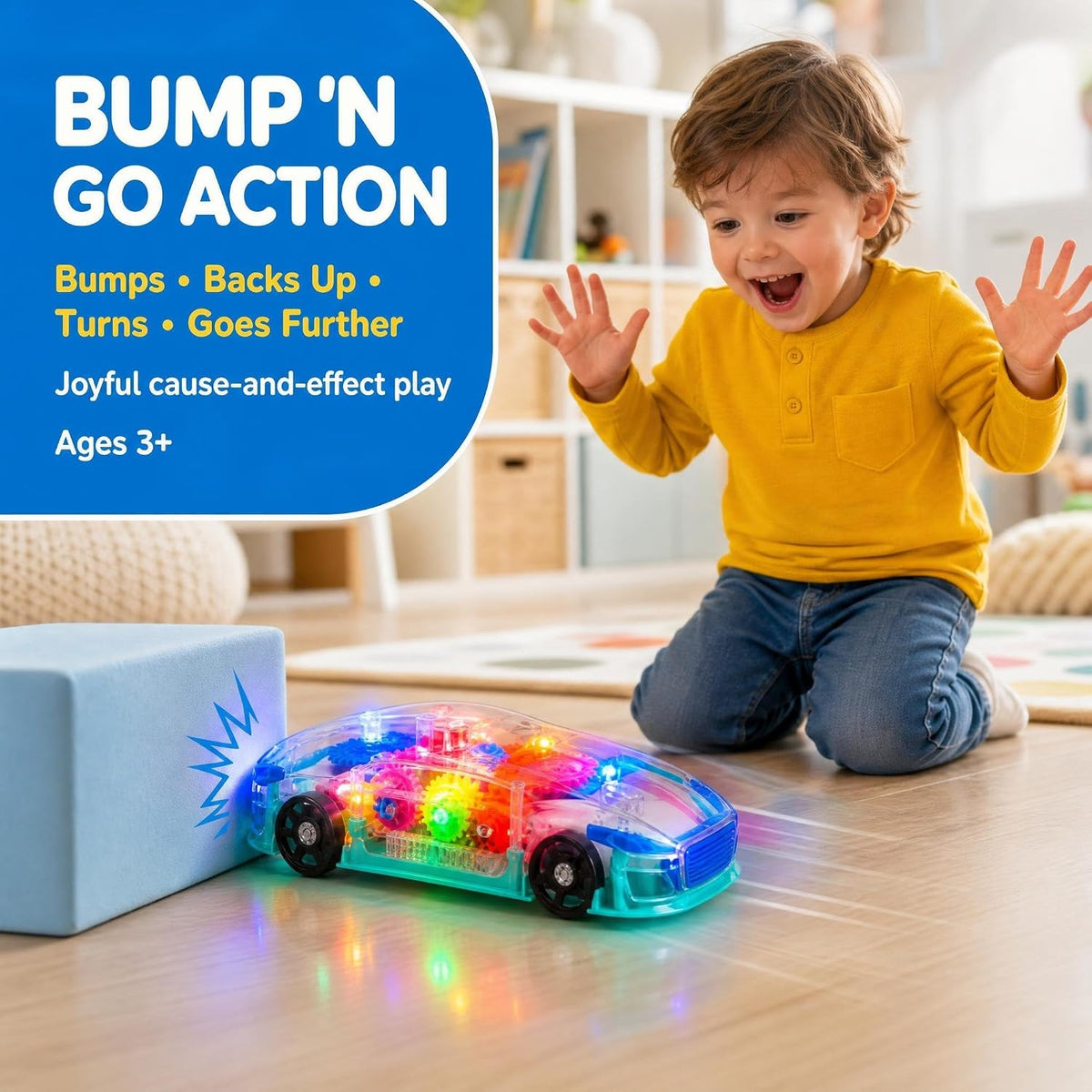 Light-Up Transparent Sensory Car Toy, Bump-And-Go, Ages 3+