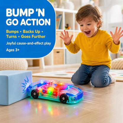 Light-Up Transparent Sensory Car Toy, Bump-And-Go, Ages 3+