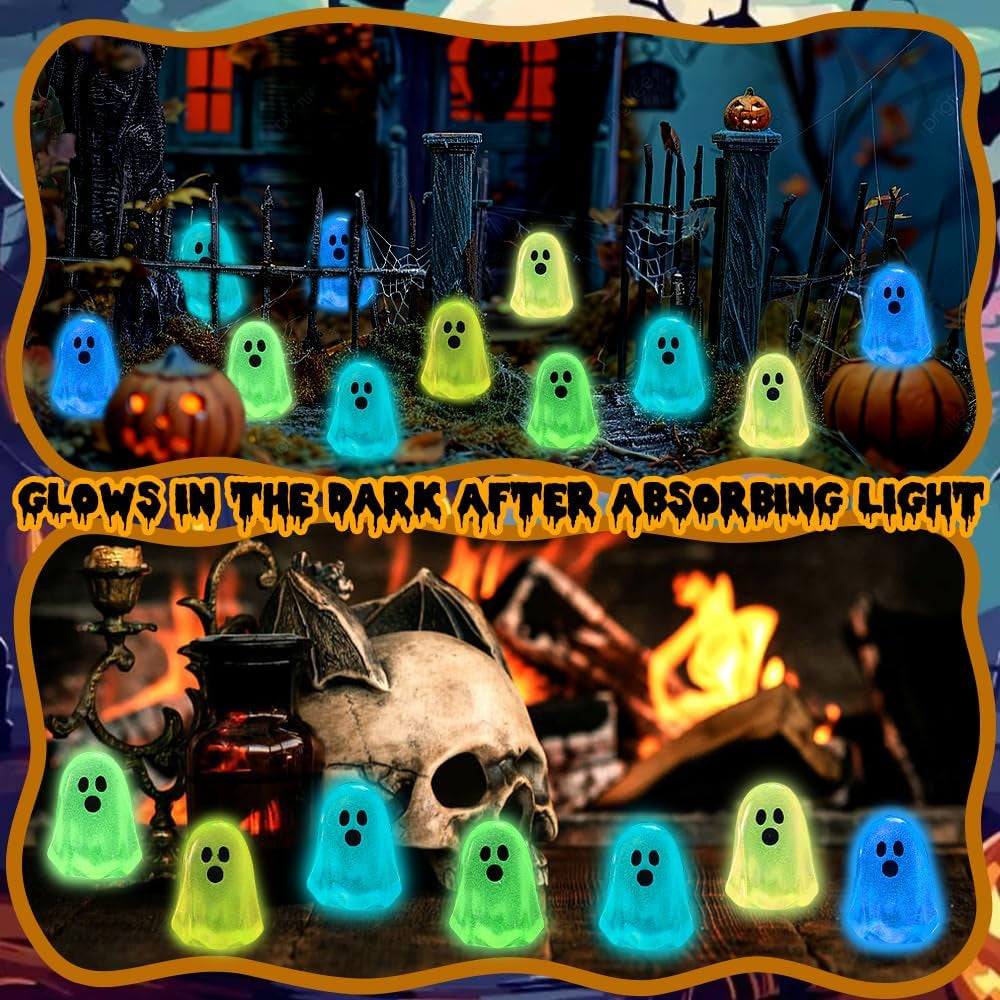 100Pcs Halloween Mini Ghosts Figures, Luminous Small Little Resin Ghost Figurines to Hide Glow in the Dark Tiny Statue for Halloween Party Favors Dollhouse Decorations Toys