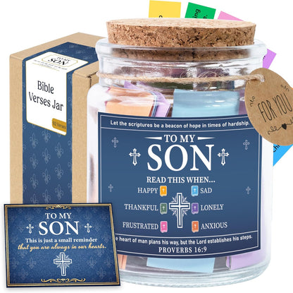 Bible Verses Jar for Son – 92 Scripture Cards, Open When You Feel Happy Sad Anxious or Lonely, Meaningful Christian Gift for Son, Birthday Graduation Easter Gift from Parents