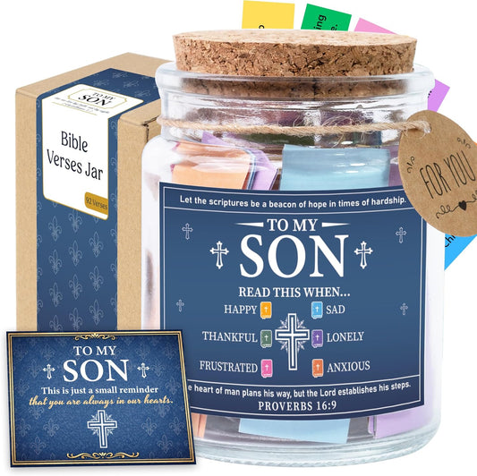 Bible Verses Jar for Son – 92 Scripture Cards, Open When You Feel Happy Sad Anxious or Lonely, Meaningful Christian Gift for Son, Birthday Graduation Easter Gift from Parents