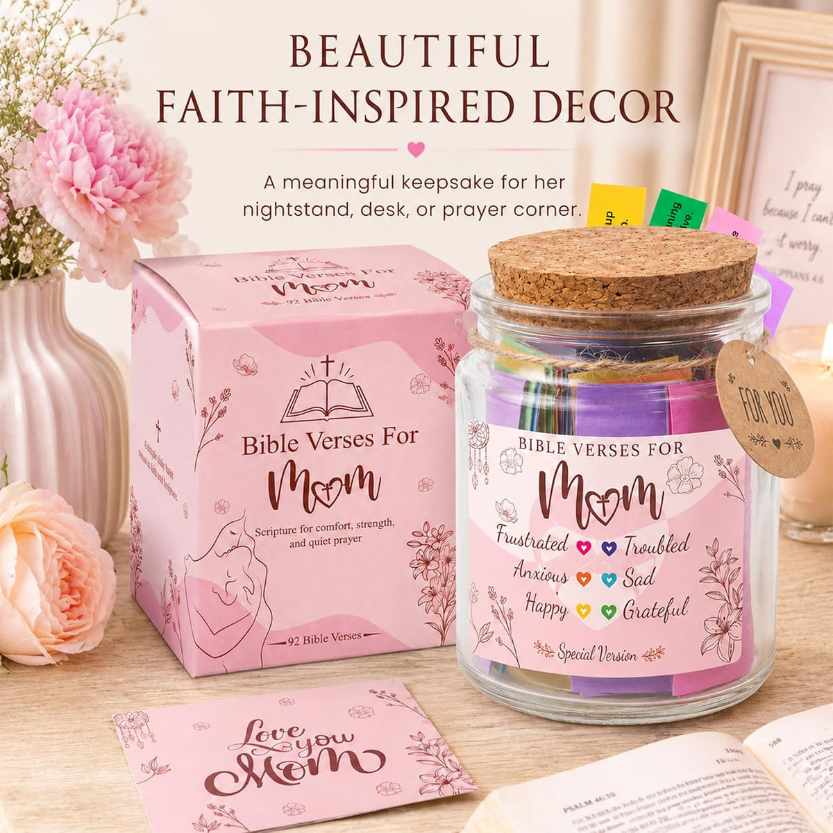 Bible Verse Jar for Mom – 92 Color-Coded Bible Verse, Birthday Gifts for Mom, Christian Gifts for Mom