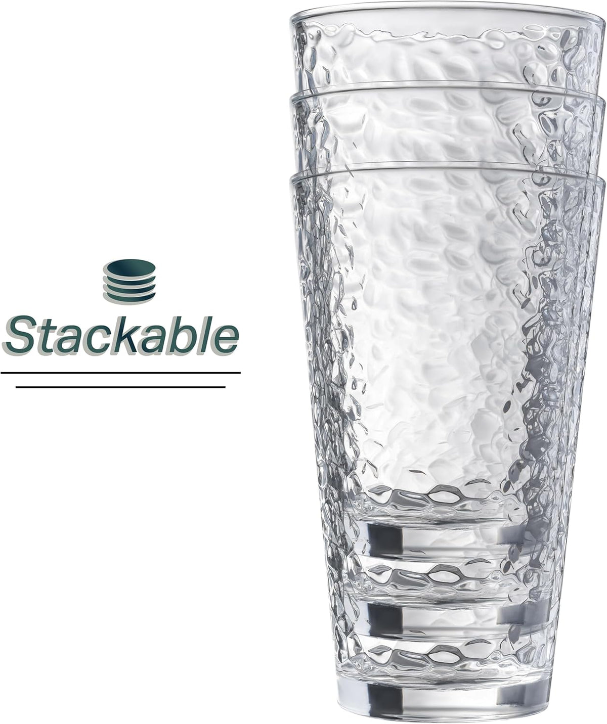 Set of 10 Hammered Glass Cups, Clear Heavy Base Drinking Glasses