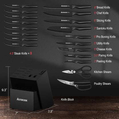 Knife Set,  21 Pieces Knife Sets for Kitchen with Block, Dishwasher Safe Kitchen Knife Set with Built-In Sharpener, German Stainless Steel Black Knife Block Set, Fathers Day Gift for Men