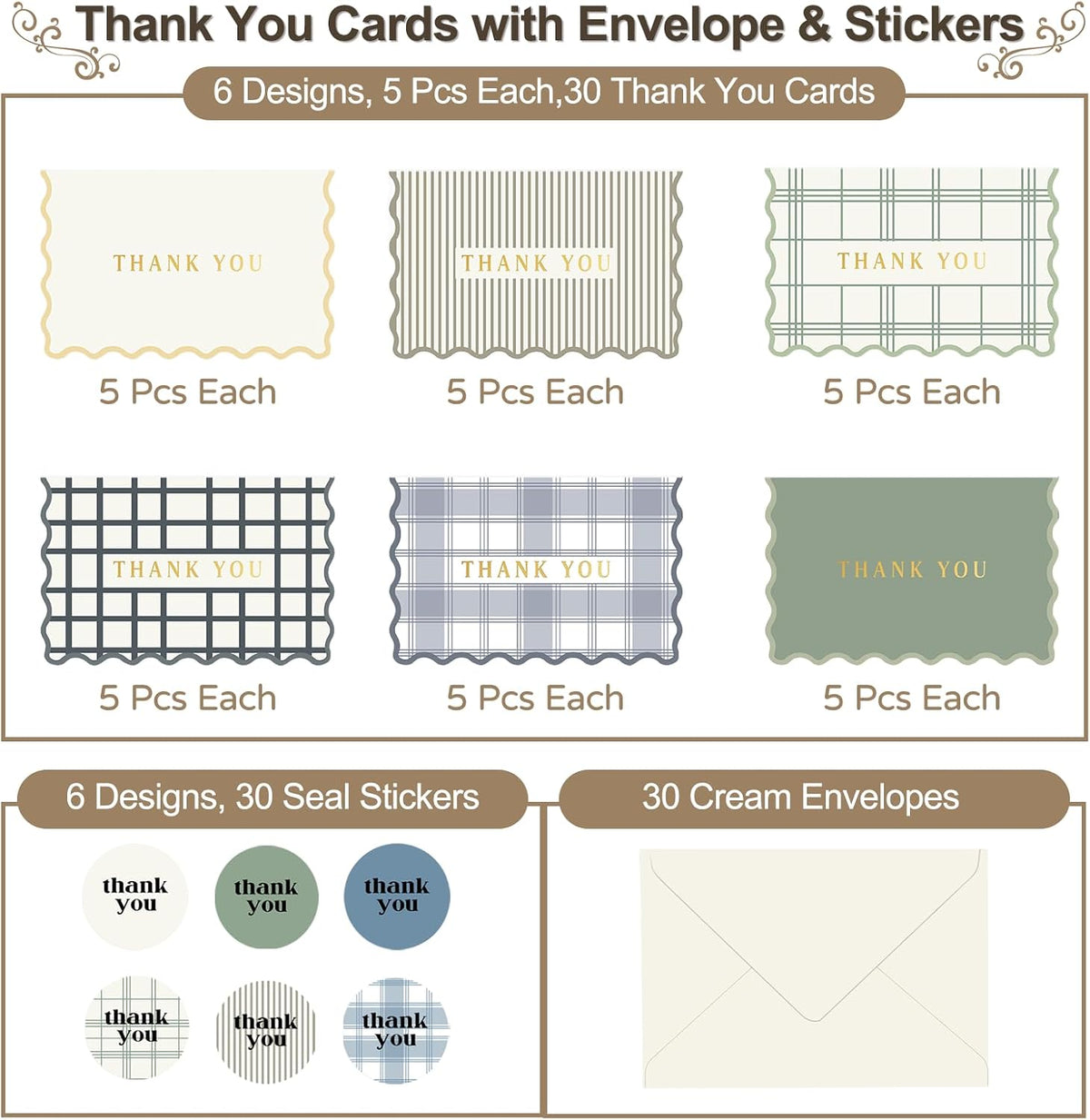 Thank You Cards Set of 30 with Envelopes and Stickers - Elegant Blank Cards