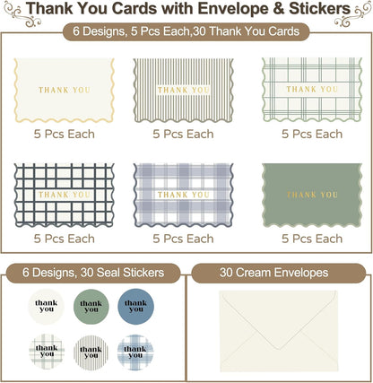 Thank You Cards Set of 30 with Envelopes and Stickers - Elegant Blank Cards
