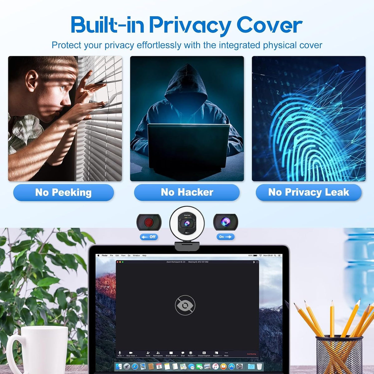 4K Webcam with Ring Light & Built-In Microphone for PC Streaming