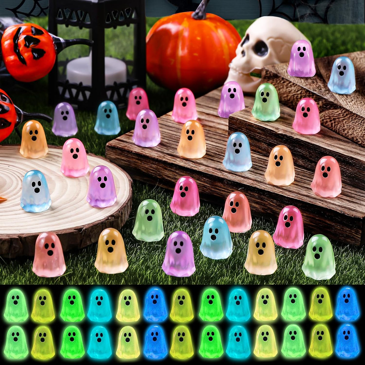 100Pcs Halloween Mini Ghosts Figures, Luminous Small Little Resin Ghost Figurines to Hide Glow in the Dark Tiny Statue for Halloween Party Favors Dollhouse Decorations Toys