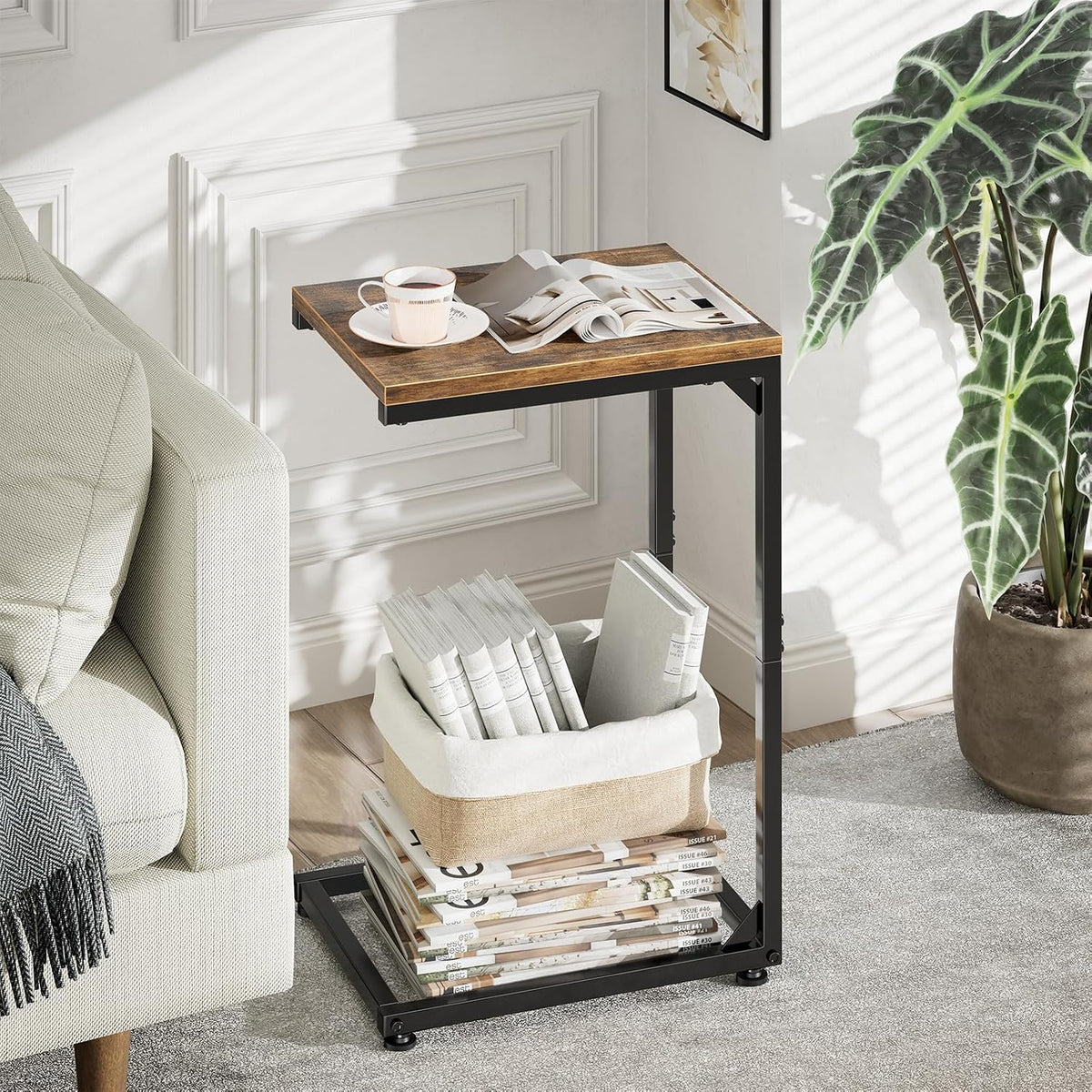 C Shaped End Table, TV Tray for Couch, Small Side Table with Metal Frame, for Living Room Bedroom, Rustic Brown