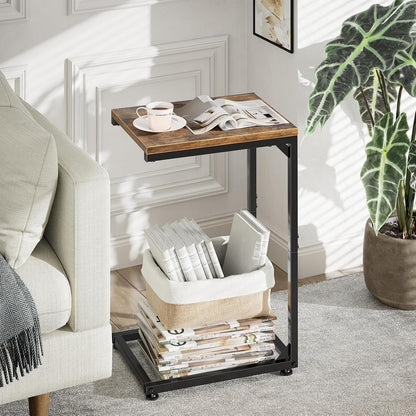C Shaped End Table, TV Tray for Couch, Small Side Table with Metal Frame, for Living Room Bedroom, Rustic Brown