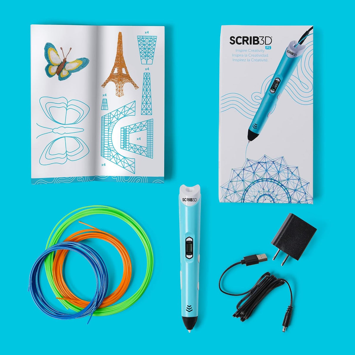 P1 3D Printing Pen with Display - Includes 3D Pen, 3 Starter Colors of PLA Filament, Stencil Book + Project Guide, and Power Adapter