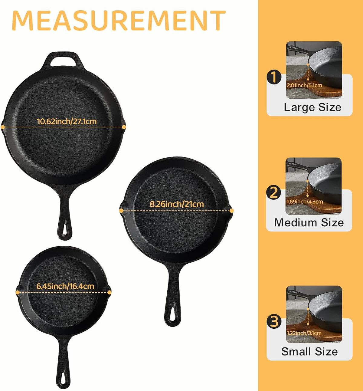 Cast Iron Skillet 3-Piece Set, Heavy-Duty Professional Restaurant Chef Quality Pre-Seasoned Pan Cookware Set, 6", 8", 10" Pans for Frying, Saute, Cooking, Use Indoor/Outdoor, Oven, Grill