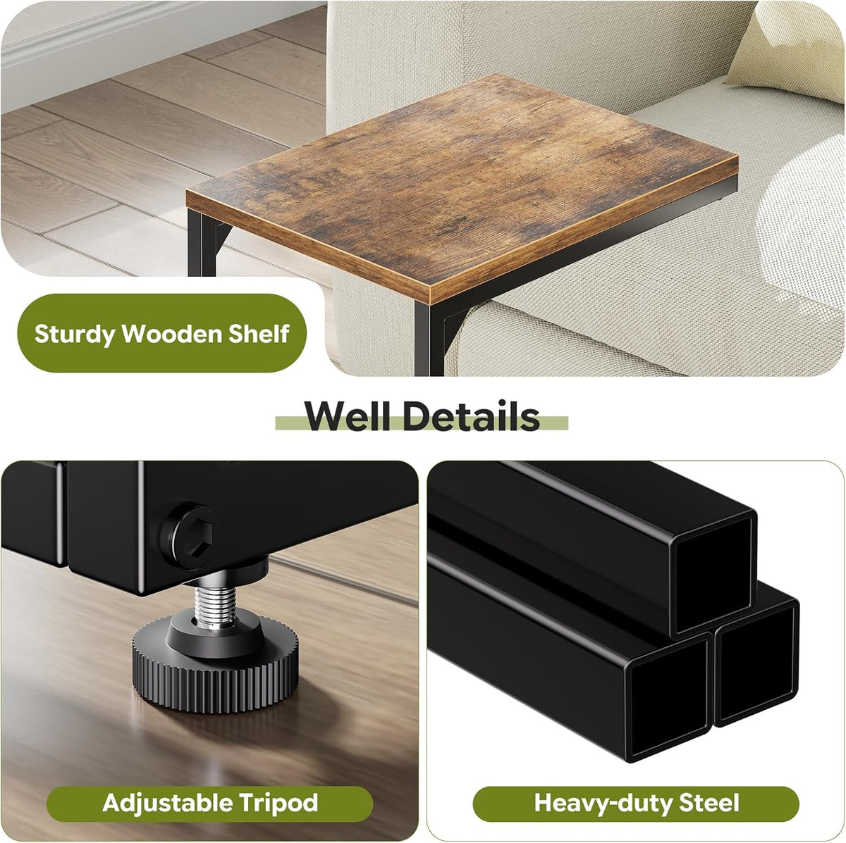 C Shaped End Table, TV Tray for Couch, Small Side Table with Metal Frame, for Living Room Bedroom, Rustic Brown