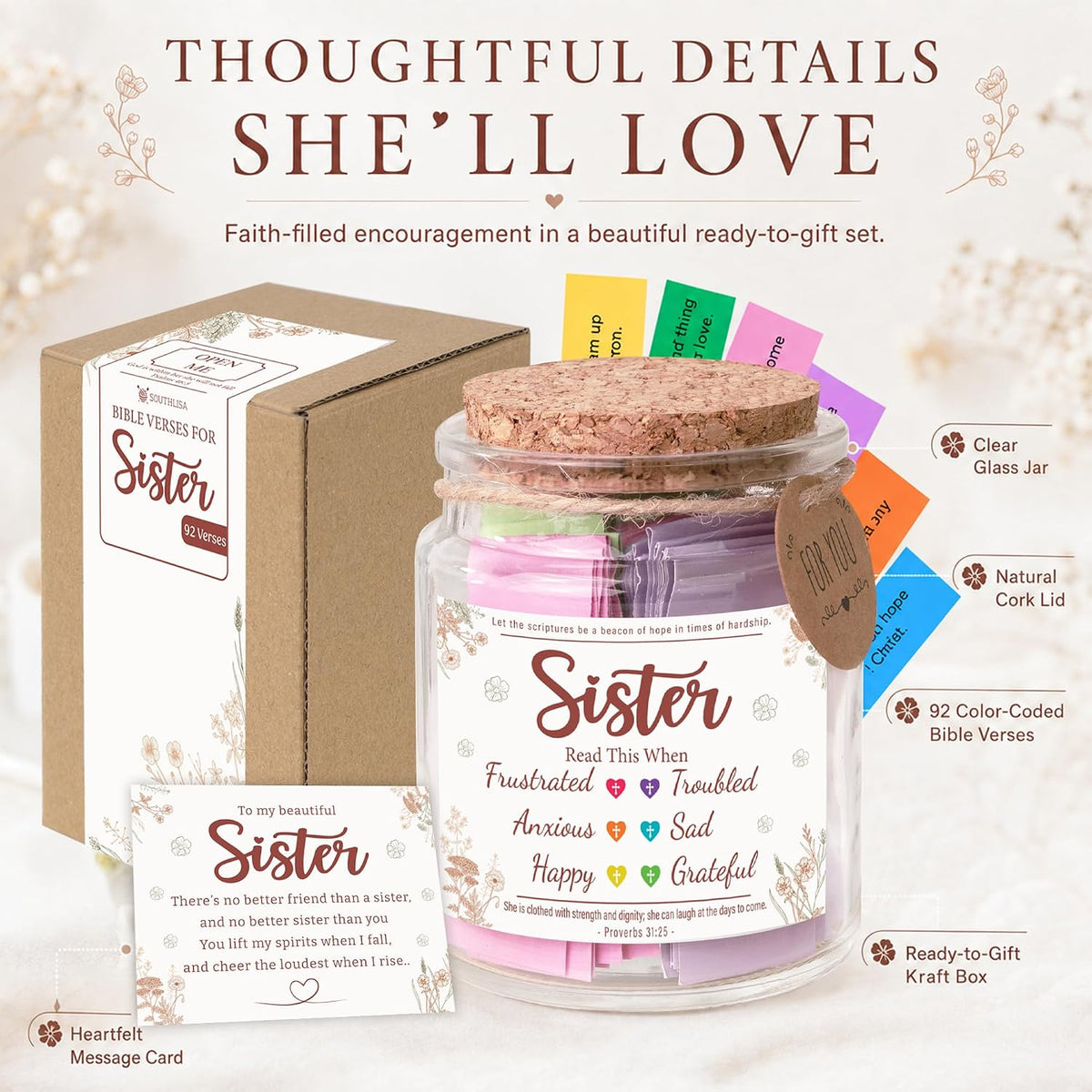 Bible Verses Jar for Sister – Graduation Day Gifts for Sister, Birthday Gifts for Sisters, Christian Gift for Women, Girls