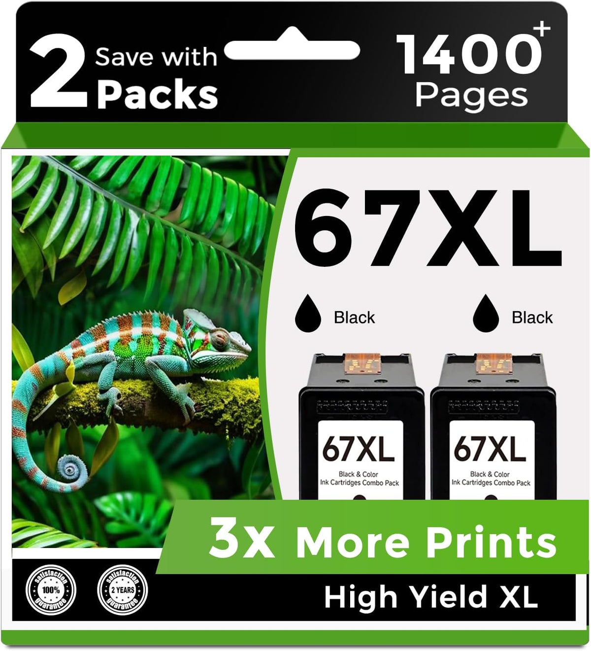 67XL Ink Cartridges Black 2 Pack Replacement for HP 67 Ink XL 6055 2827E