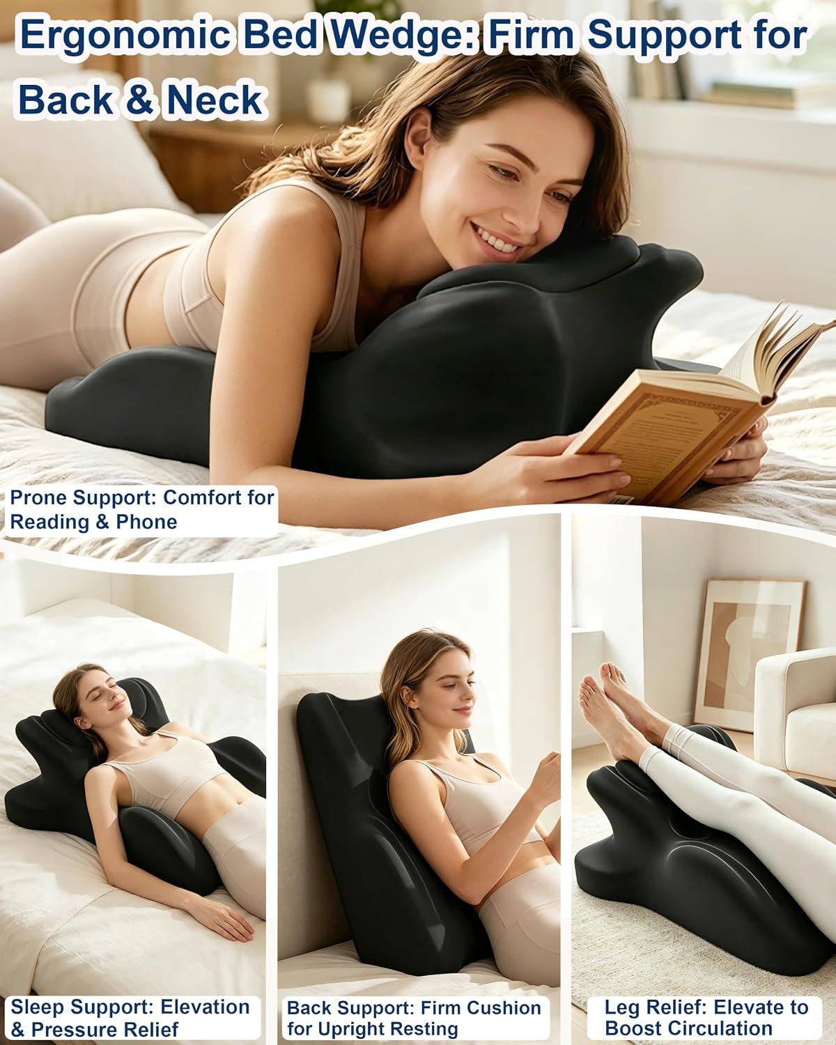 Ergonomic Memory Foam Wedge Pillow, 27° Bed Wedge Support, Black
